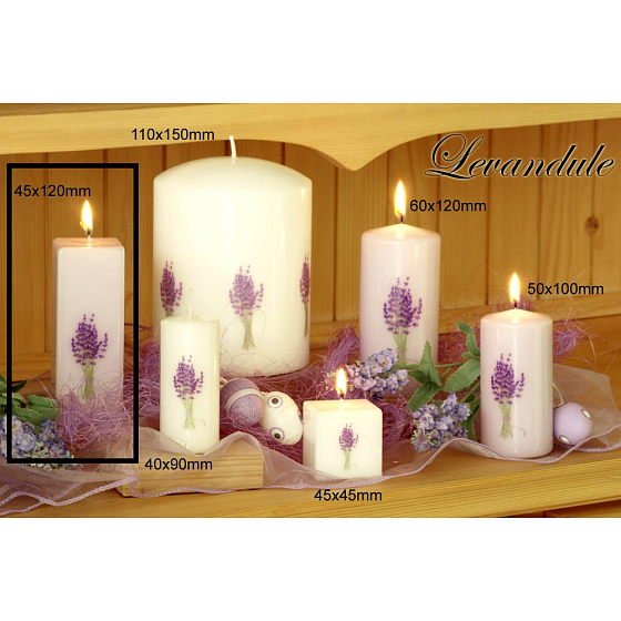 Lima Blume Lavendel Duftkerze weiß mit Lavendelaufdruck Prismenform 45 x 120 mm 1 Stück