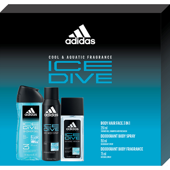 Adidas Ice Dive parfümiertes Deo-Glas 75 ml + Deo-Spray 150 ml + Duschgel 250 ml, Kosmetikset für Männer