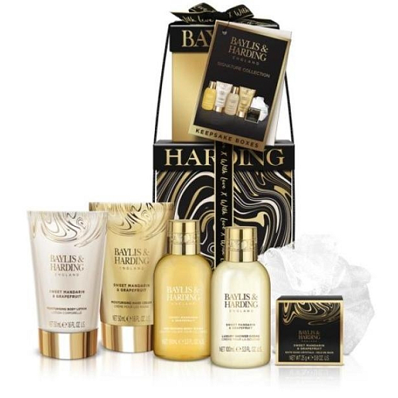 Baylis & Harding Tangerine and Grapefruit Duschgel 100 ml + Duschcreme 100 ml + Körperlotion 50 ml + Handcreme 50 ml + Badekristalle 25 g + Schwamm, Kosmetikset für Frauen