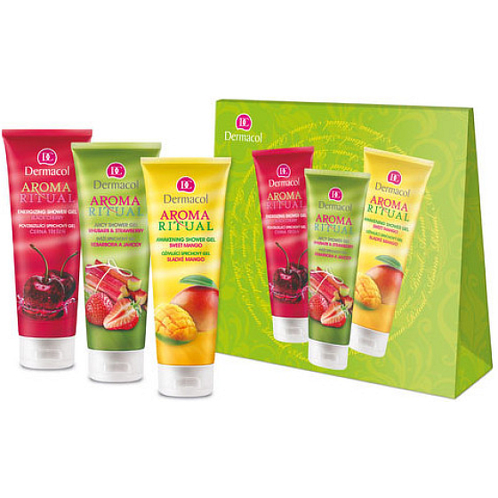 Dermacol Aroma Ritual Schwarzkirsch Duschgel 250 ml + Süße Mango 250 ml + Rhabarber und Erdbeeren 250 ml, Kosmetikset
