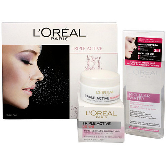 Loreal Paris Triple Active tägliche Feuchtigkeitscreme für trockene und empfindliche Haut 50 ml + Sublime Weiches Mizellenwasser 200 ml, Kosmetikset