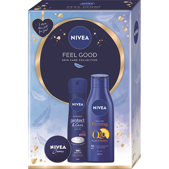 Nivea Feel Good Protect & Care Antitranspirant Spray 150 ml + Creme für die Basispflege 30 ml + Q10 Plus Vitamin C Nährende straffende Körperlotion für trockene Haut 250 ml, Kosmetikset für Frauen