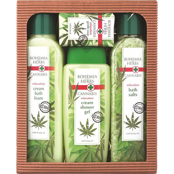 Böhmen Geschenke Cannabis Hanföl Duschgel 300 ml + Badesalz 600 g + Badeschaum 500 ml + Seife 100 g, Kosmetikset