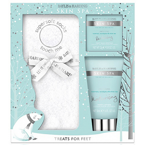 Baylis & Harding Rosmarin, Eukalyptus und weißer Tee Fußmilch mit Vitamin A, B, C 50 ml + Kristalle für das Fußbad 25 g + superweiche Socken, Kosmetikset