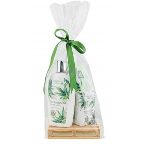Böhmen Geschenke Cannabis Hanföl Flüssigseife 300 ml + Körperlotion 250 ml + feste Seife 100 g, Kosmetikset aus Holzpalette