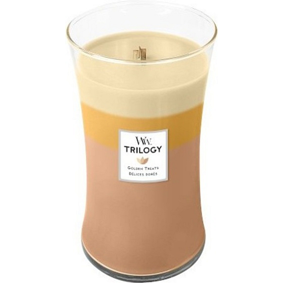 WoodWick Trilogy Golden Treats - Goldene Delikatessen-Duftkerze mit Holzdocht und Deckelglas groß 609 g