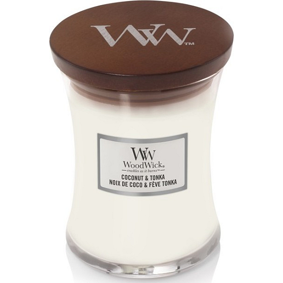 WoodWick Coconut & Tonka - Duftkerze aus Kokosnuss und Tonkabohnen mit Holzdocht und Deckelglas Medium 275 g
