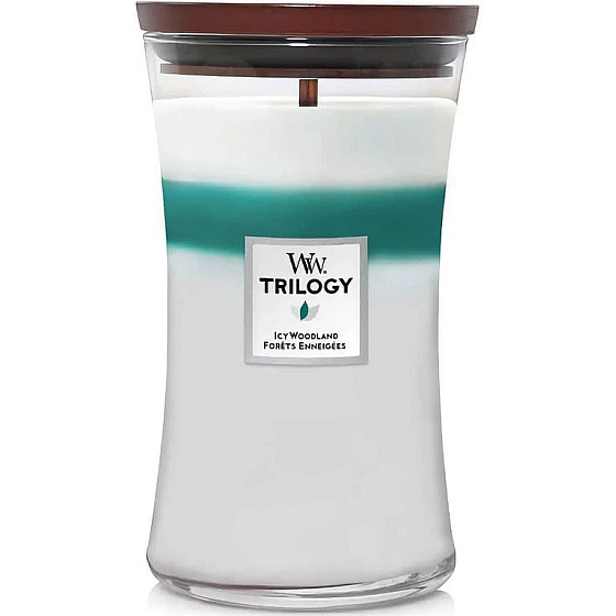 WoodWick Trilogy Icy Woodland - Ice Forest Duftkerze mit Holzdocht und Deckel Glas groß 609 g