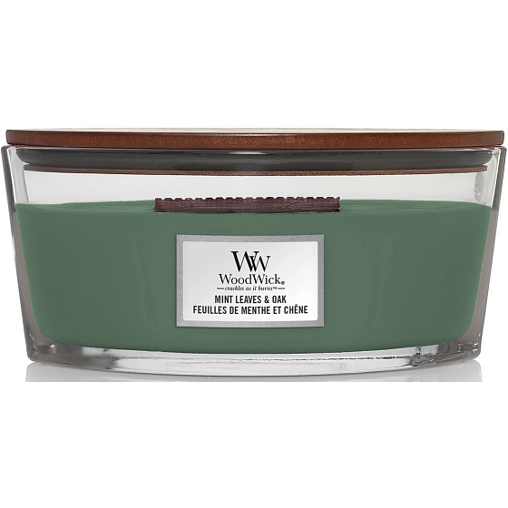 WoodWick Mint Leaves & Oak Duftkerze mit Holzdocht und Deckel Glasschiffchen 453 g