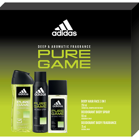 Adidas Pure Game parfümiertes Deo-Glas 75 ml + Duschgel 250 ml + Deo-Spray 150 ml, Kosmetikset für Männer