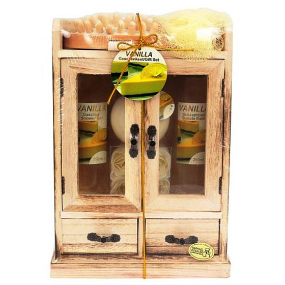 Raphael Rosalee Cosmetics Vanille Duschgel 260 ml + Badeschaum 260 ml + Körperlotion 150 ml + Toilettenseife 4x4 g + Massagebürste aus Holz + Massagewaschlappen, Kosmetikset