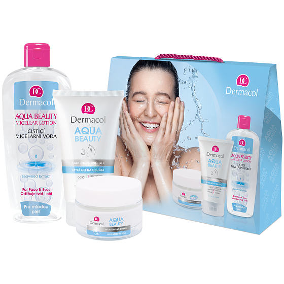 Dermacol Aqua Beauty Feuchtigkeitscreme Feuchtigkeitscreme 50 ml + Aqua Beauty 3in1 Gesichtsreinigungsgel Reinigungsgel 150 ml + Aqua Beauty Mizellenlotion Mizellenwasser 400 ml, Kosmetikset