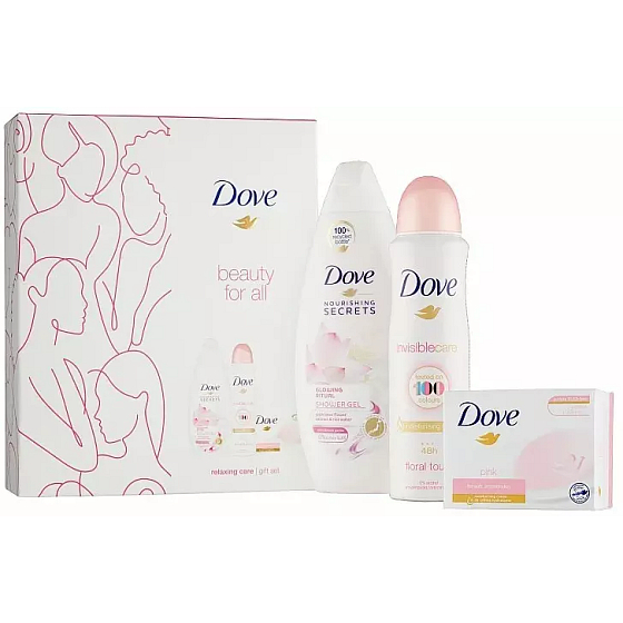 Dove Nourishing Secrets Brightening Ritual Lotusblüten- und Reiswasser-Duschgel 250 ml + Invisible Care Floral Touch Antitranspirant Deodorant Spray 150 ml + Rosa Creme-Toilettenseife 100 g, Kosmetikset für Frauen