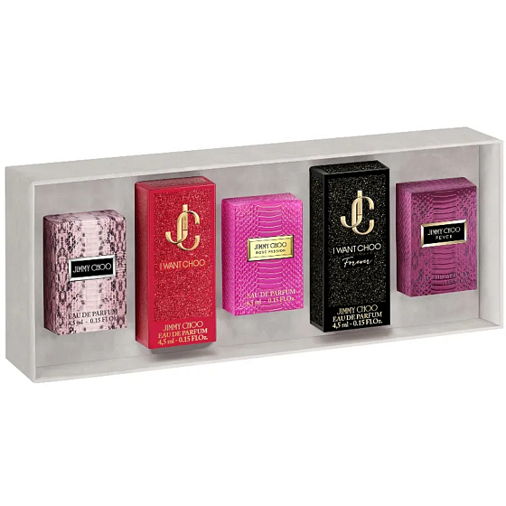 Jimmy Choo Rose Passion Eau de Parfum 4.5 ml + I Want Choo Forever Eau de Parfum 4.5 ml + Fever Eau de Parfum 4.5 ml + Jimmy Choo Eau de Parfum 4.5 ml + I Want Choo Eau de Parfum 4.5 ml, Miniatur-Geschenkset für Frauen