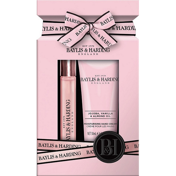 Baylis & Harding Jojoba-, Vanille- und Mandelöl parfümiertes Wasser 12 ml Rollerball + Handcreme 50 ml, Geschenkset
