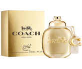 Flakon parfému Coach Gold Parfum pro ženy, 50 ml, elegantní zlatý design.
