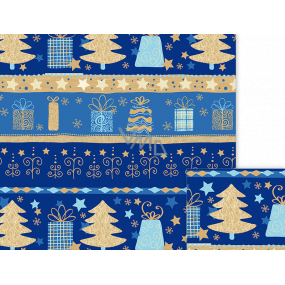 Nekupto Geschenkpapier 70 x 200 cm Weihnachtsblau mit Bäumen und Geschenken