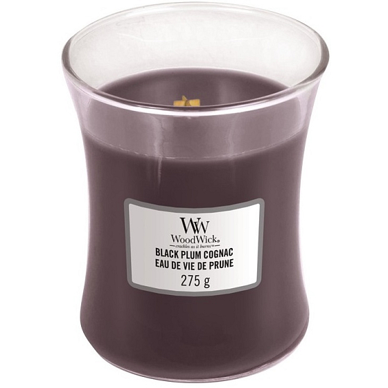 WoodWick Black Plum Cognac - Schwarze Pflaumen-Cognac-Duftkerze mit Holzdocht und Deckelglas Medium 275 g