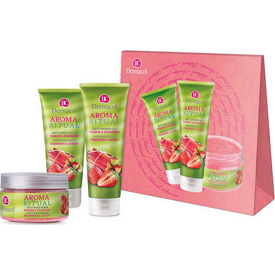 Dermacol Aroma Ritual Rhabarber und Erdbeeren Frisches Duschgel 250 ml + Körperlotion 200 ml + Körperpeeling 200 g, Kosmetikset