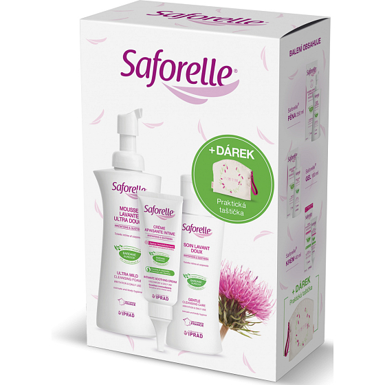 Saforelle Sanftes Reinigungsgel für Intim- und Ganzkörperhygiene 100 ml + Ultra-sanfter Reinigungsschaum 250 ml + Creme 40 ml + Beutel, Kosmetikset