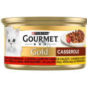 Gourmet Gold Casserole Pastete mit Rindfleisch, Huhn und Tomaten in Dosen für ausgewachsene Katzen 85 g