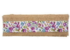 Juteband mit lila und blauen Blüten Breite 6 cm, 2 m