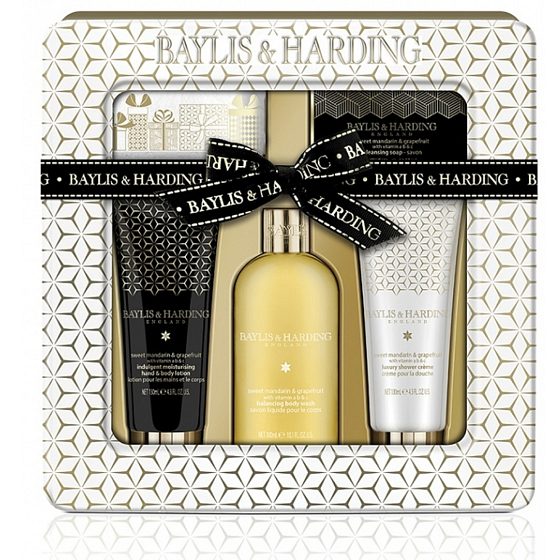 Baylis & Harding Mandarinen- und Grapefruit-Flüssigseife 300 ml + Duschcreme 130 ml + Seife 150 g + Hand- und Körperlotion 130 ml + kleines weißes Frottiertuch, Kosmetikset