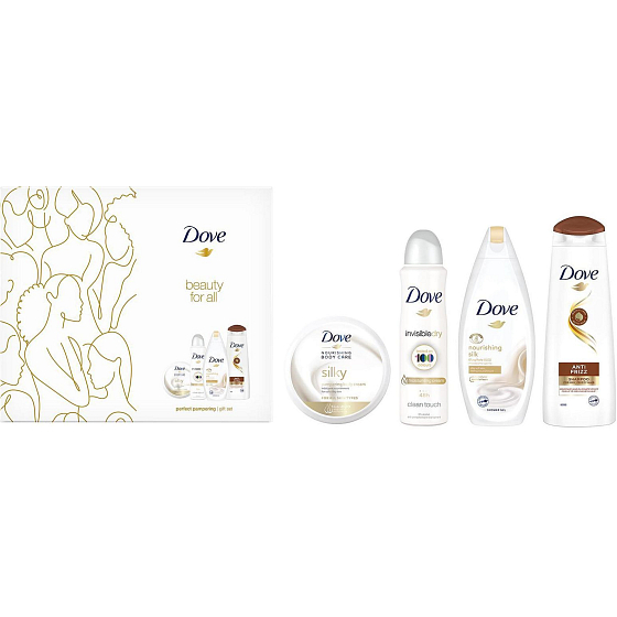 Dove Beauty For All Nourishing Silk Duschgel 250 ml + Invisible Dry Antitranspirant Deodorant Spray 150 ml + Anti Frizz Haarshampoo 250 ml + Silky Creme 300 ml, Kosmetikset