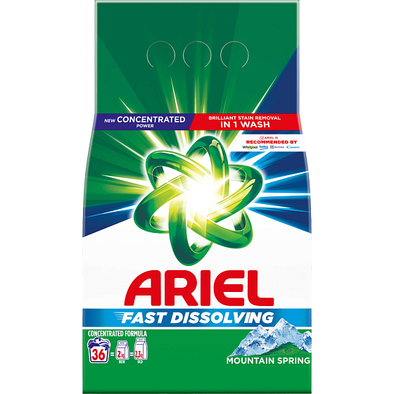 Ariel Mountain Spring Waschpulver für saubere und duftende, fleckenfreie Wäsche 36 Dosen 1,98 kg