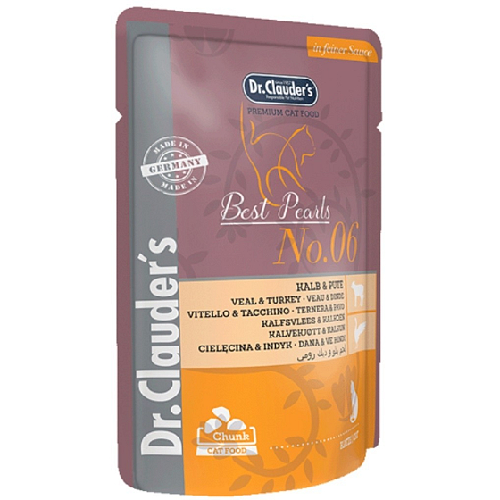 Dr. Clauders Kalb und Pute in Sauce, vollständiges Futter mit Fleischstücken für Katzen, Beutel 100 g