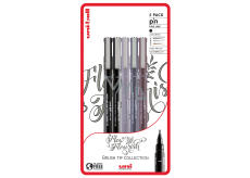 Uni Pin Flow & Flourish Calligraphy Drawing Liner Set mit Spezialtinte Schwarz 0,1, Pinsel/ Hellgrau Pinsel/ Dunkelgrau Pinsel/ Sepia Pinsel 5 Stück