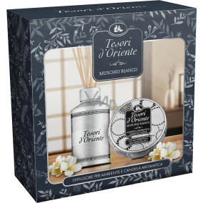 Tesori d Oriente Muschio Bianco Aroma-Diffusor mit Stäbchen für die allmähliche Freisetzung von Duft 250 ml + Duftkerze in Zinnbox 109 g, Geschenkset für Frauen