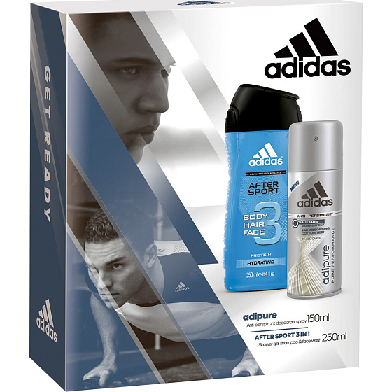 Adidas Adipure Antitranspirant Deodorant Spray für Männer 150 ml + After Sport 3 in 1 Duschgel für Körper, Gesicht, Haare 250 ml, Kosmetikset