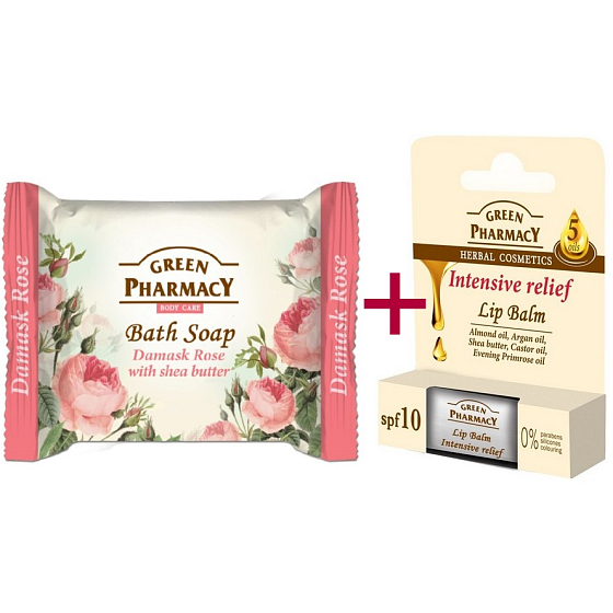 Green Pharmacy Intensive Relief 5 Oils Lippenbalsam 2 x 3,6 g + Damaszener Rose und Shea Butter Seife 100 g, Kosmetikset