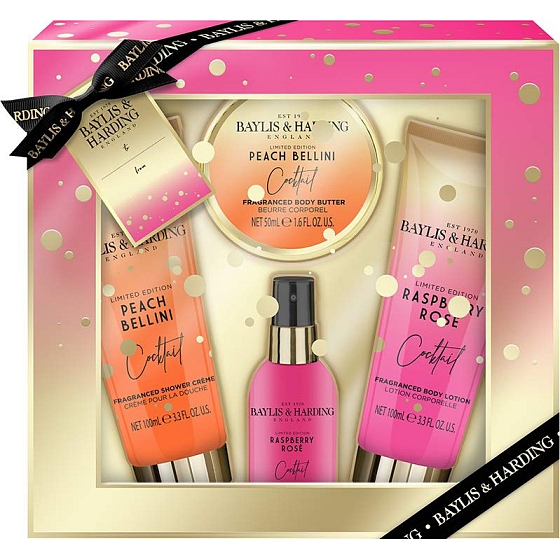 Baylis & Harding Cocktail Hour Pfirsich Bellini Duschcreme 100 ml + Himbeer Rose Körperlotion 100 ml + Himbeer Rose Körper Spray 50 ml + Pfirsich Bellini Körper Butter 50 ml, Kosmetikset