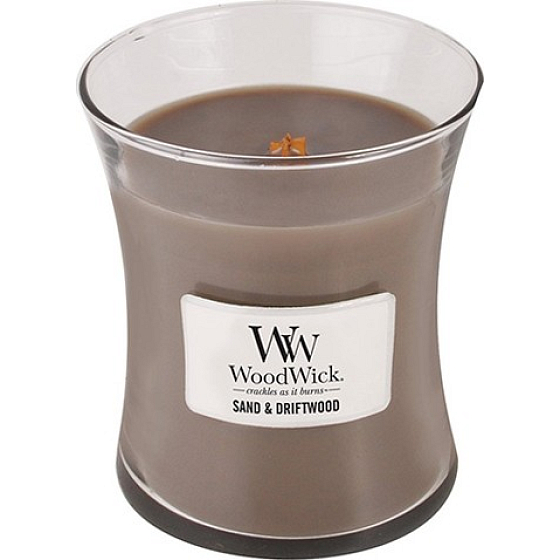 WoodWick Sand & Driftwood - Duftkerze aus Sand und Treibholz mit Holzdocht und Deckelglas Medium 275 g