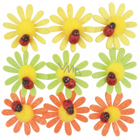 Selbstklebende Blüten mit Glitzer und Marienkäfer 4 cm 9 Stück
