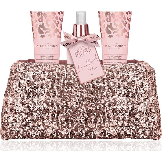 Baylis & Harding Jojoba-, Vanille- und Mandelöl-Körperspray 100 ml + Duschgel 100 ml + Hand- und Körperlotion 100 ml + Handtasche, Kosmetikset