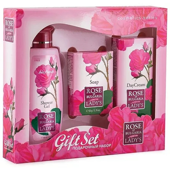 Rose of Bulgaria Duschgel mit Rosenwasser 100 ml + Toilettenseife mit Rose 50 g + Gesichtstagescreme mit Rosenwasser 30 ml, Kosmetikset für Frauen