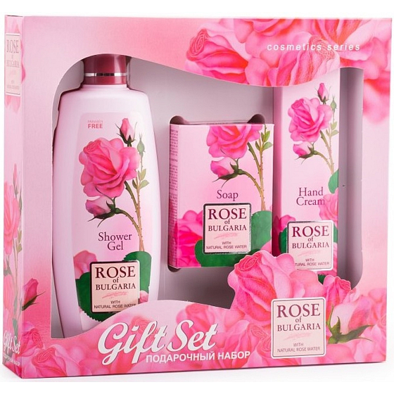 Rose of Bulgaria Duschgel mit Rosenwasser 330 ml + Toilettenseife mit Rose 100 g + Handcreme mit Rosenwasser 75 ml, Kosmetikset für Frauen