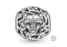 Charm Sterlingsilber 925 Wolf, grüne Augen, Perle für Armband Tier