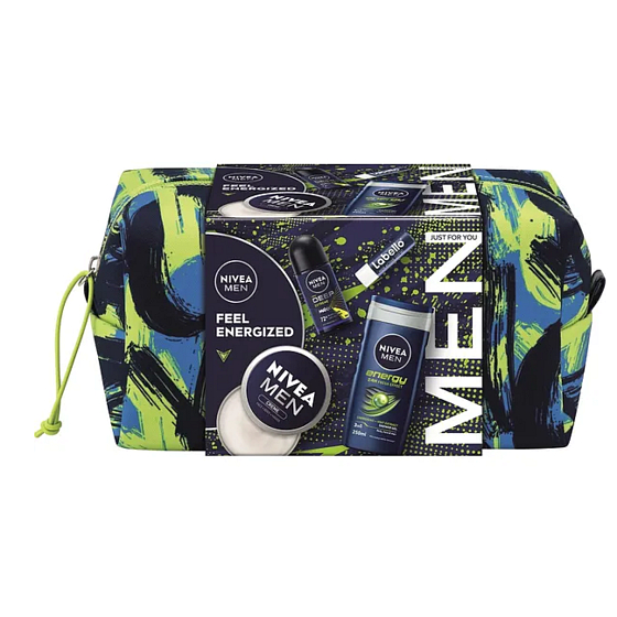 Nivea Men Feel Energized Creme Gesichts-, Körper- und Handcreme 150 ml + Nivea Men Deep Sport Antitranspirant Roll-on 50 ml + Nivea Men Energy Duschgel 250 ml + Labello Men Active Lippenbalsam 4,8 g + Kosmetiktasche, Kosmetikset für Männer