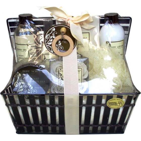 Raphael Rosalee Cosmetics Grüner Tee Duschgel 260 ml + Körpermilch 260 ml + Körperspray 100 ml + Körperpeeling 100 ml + Badesalz 150 g + Toilettenseife 4x4 g + Massage-Waschlappen, Kosmetikset