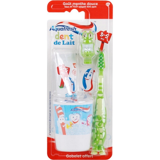 Aquafresh Dent de Lait Zahnpasta 50 ml + Zahnbürste + Tasse, grünes Set für Kinder