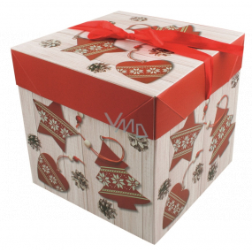 Faltbare Geschenkbox mit Weihnachtsband mit roten Verzierungen 16,5 x 16,5 x 16,5 cm