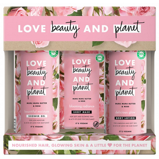 Love Beauty & Planet Murumur Butter und Rose Duschgel 400 ml + Körperlotion 400 ml + Textil-Gesichtsmaske 21 ml, Kosmetikset für Frauen
