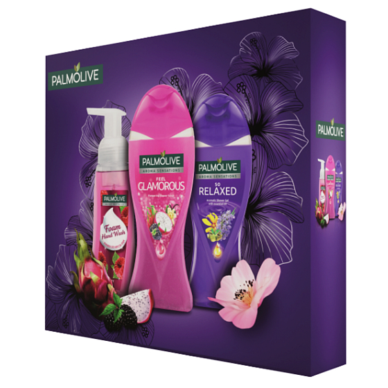 Palmolive Relax Duschgel 250 ml + Glamour. Duschgel 250 ml + Himbeerschaumseife 250 ml, Kosmetikset