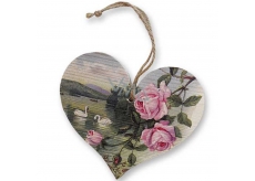 Böhmen Geschenke Dekoratives Herz aus Holz mit dem Aufdruck Rosen und Schwäne 13 cm