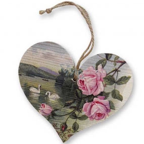 Böhmen Geschenke Dekoratives Herz aus Holz mit dem Aufdruck Rosen und Schwäne 13 cm