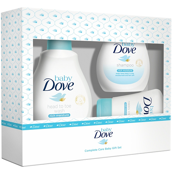 Dove Baby Rich Moisture Reinigungsgel für Körper und Haare für Kinder 200 ml + Körperlotion 200 ml + Creme gegen Wunden 45 g, Kosmetikset